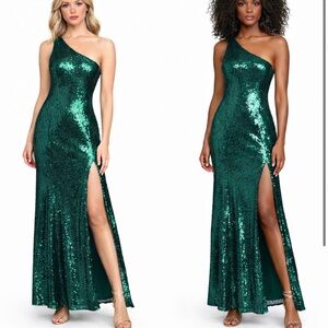 Lulus – Capture the Glam Emerald Sequin One Shoulder Mermaid Maxi Dress Prom